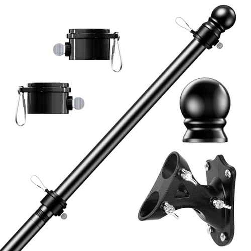PHITRIC Flag Pole Kit, Tangle Free Spinning Stainless Steel Rustproof Flagpole for 3x5 Sports Fan Outdoor Flags for Outside House (Black, 6FT, with Bracket)