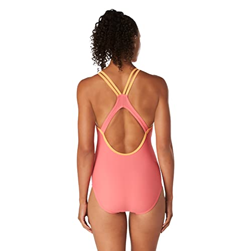 Speedo Women's Standard Swimsuit One Piece Contrast Binding High Cut, Sun Kissed Coral