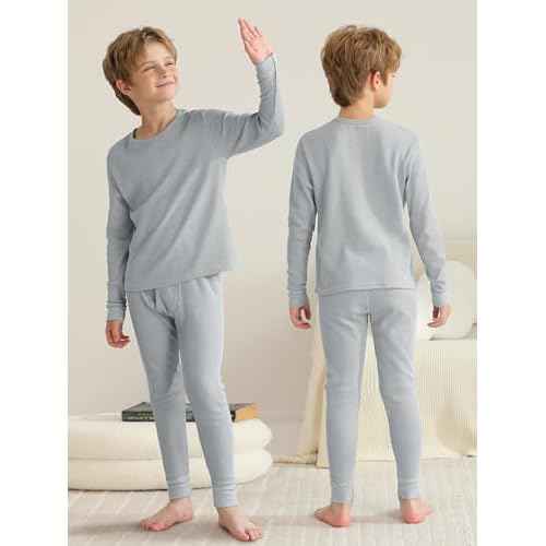 VZV Kids Thermal Underwear Set, Boys Waffle Thermal Underwear Set Long Sleeve Top and Bottom for Skiing, Cold Weather