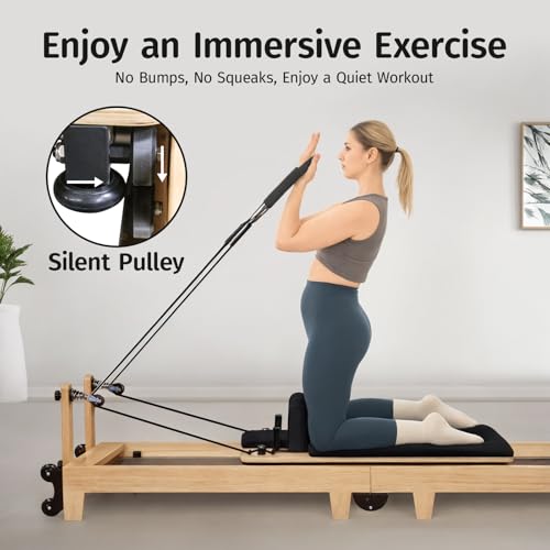 Folding Pilates Reformer Machine-Home Pilates Reformer Wooden Yoga Fitness Equipment Pilates Reformer Workout Machine for Home Gym with Reformer Accessories, Pilates Reformer Box, Pilates Jump Board