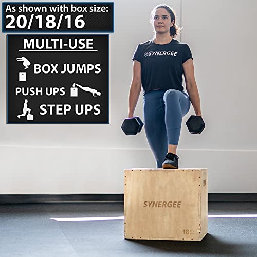 Synergee 3 in 1 Wood Plyometric Box for Jump Training and Conditioning. Wooden Plyo Box All in One Jump Trainer. Size - 20/18/16