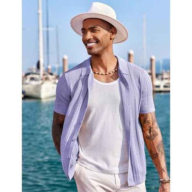 COOFANDY Men's Knit Shirts Short Sleeve Button Down Polo Shirt Fashion Casual Summer Beach Shirts