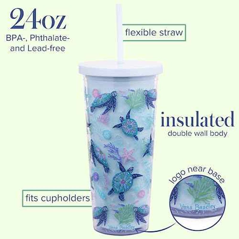 Travel Tumbler with Lid and Straw, 24 Ounce Insulated Cup, Blue Plastic Double Wall Tumbler, Turtle Dream