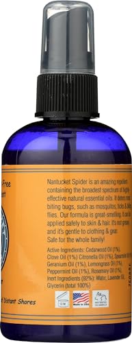 Nantucket Spider Natural Bug Spray for Adults and Kids - 4 oz | Long-Lasting Protection Against Mosquitoes, Biting Flies, Wasps, & No-See-Ums | Deet-Free Organic Essential Oil Insect Repellent