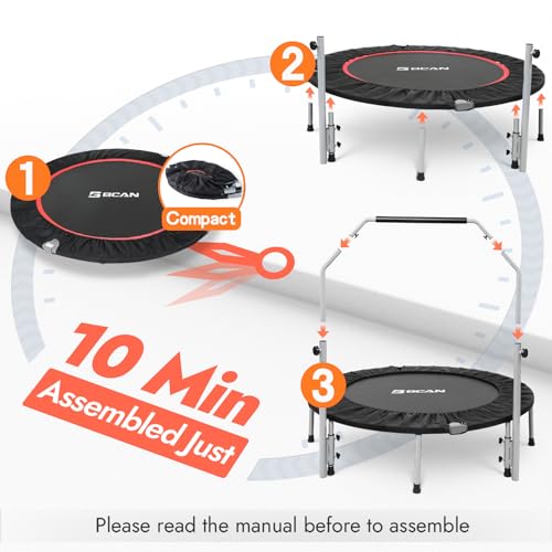 BCAN 40/48" Foldable Mini Trampoline Max Load 330lbs/440lbs, Fitness Rebounder with Adjustable Foam Handle, Exercise Trampoline for Adults Indoor/Garden Workout