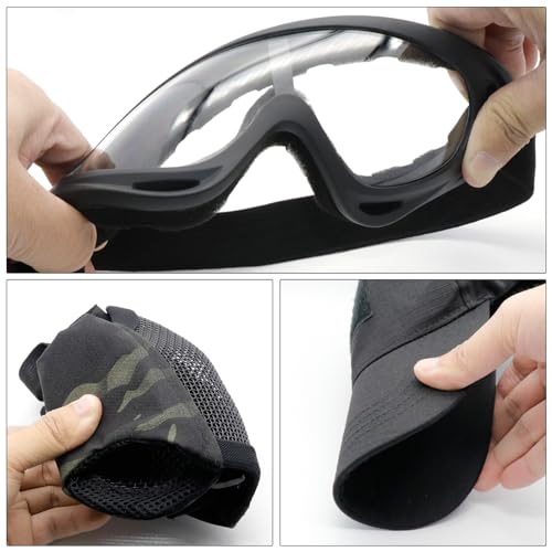 Yzpacc Airsoft Mask with Goggles, Foldable Half Face Airsoft Mesh Mask with Ear Protection for Paintball Shooting Cosplay CS Game