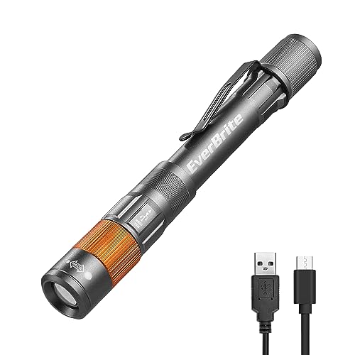 EverBrite Rechargeable Pen Light, 300 Lumens EDC Flashlight, Zoomable LED Pocket Flashlight with Clip, Memory Function and USB C Cable Included, for Camping, Emergency, Grey