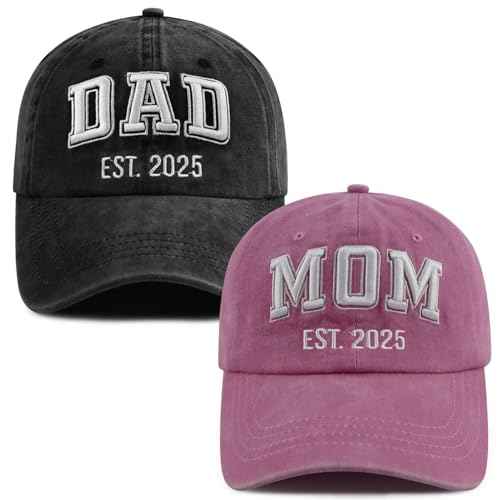 SHANVANKE 2PCS Dad and Mom EST 2025 Hats for Men Women, Funny Adjustable Cotton 3D Embroidered New Parents Gifts Baseball Cap