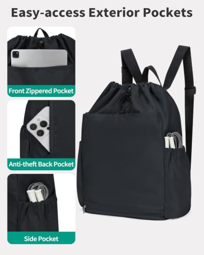 GreenTaya Black Drawstring Backpack with Shoe & Wet Compartments, Cup & Ball Holders