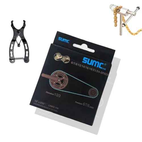 Bike Chain Kit, High Tensile Strength Bicycle Chain for Road/MTB Bike 6/7/8 Speed-Quick Buckle with Bike Link Plier -Hook - Chain Breaker - 116 Links - Dark Silver