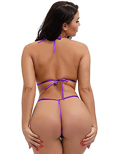 EVAbaby Sexy Women Halter Neck Bra Top Thong Summer Swimwear Mini Micro Bikini Set Purple