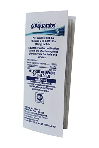 Aquatabs 49mg Water Purification Tablets (30 Pack). Water Filtration System for Hiking, Backpacking, Camping, Emergencies, Survival, and Home-Use. Easy to Use Water Treatment and Disinfection.