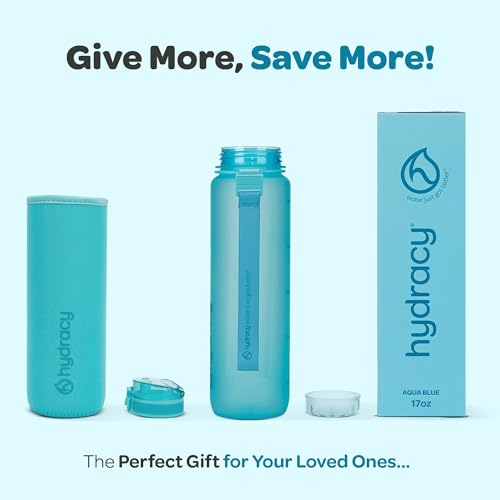 Hydracy Water Bottle with Time Marker -Large BPA Free Water Bottle & No Sweat Sleeve -Leak Proof Gym Bottle with Fruit Infuser Strainer & Times to Drink -Ideal Gift for Fitness Sports & Outdoors