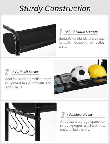 StorageWorks Sports Equipment Organizer with Hooks, Ball Rack Organizer with Wheels, 3-Shelf Ball Rack for Basketball, Football, Volleyball, Medium