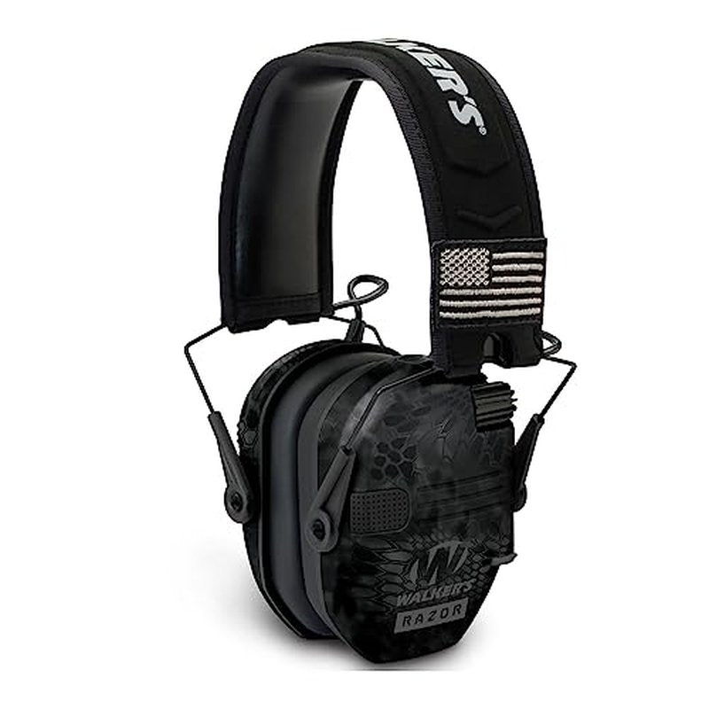 Walkers Razor Patriot Series Hi-Gain Omnidirectional Microphone Electronic Muffs (Kryptek Camo) Bundle with Walkie-Talkie Attachment, Protective Sport Glasses and Cleaning Cloth (4 Items)