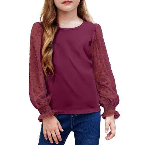 Arshiner Girls Long Sleeve Shirt with Ruffle Cuffs Polka Swiss Dots Kids Girls Pullover Shirts Cute Crewneck Girls Top