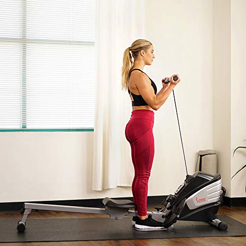 Sunny Health & Fitness Dual Function Magnetic Rowing Machine w/Digital Monitor, Multi-Exercise Step Plates, 275 LB Max Weight and Foldable - SF-RW5622 (Steel)