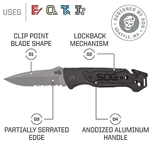 SOG Escape Tactical Folding Pocket Knife- 3.4 Inch Serrated Edge Blade Knife w/ Glass Breaker, Wire Stripper and Line Cutter Blades-Satin (FF25-CP),Black