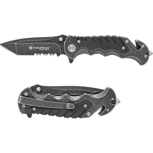 Smith & Wesson Border Guard SWBG10S 8.3in High Carbon S.S. Folding Knife with 3.5in Serrated Tanto Blade and Aluminum Handle for Outdoor, Tactical, Survival and EDC ,Black