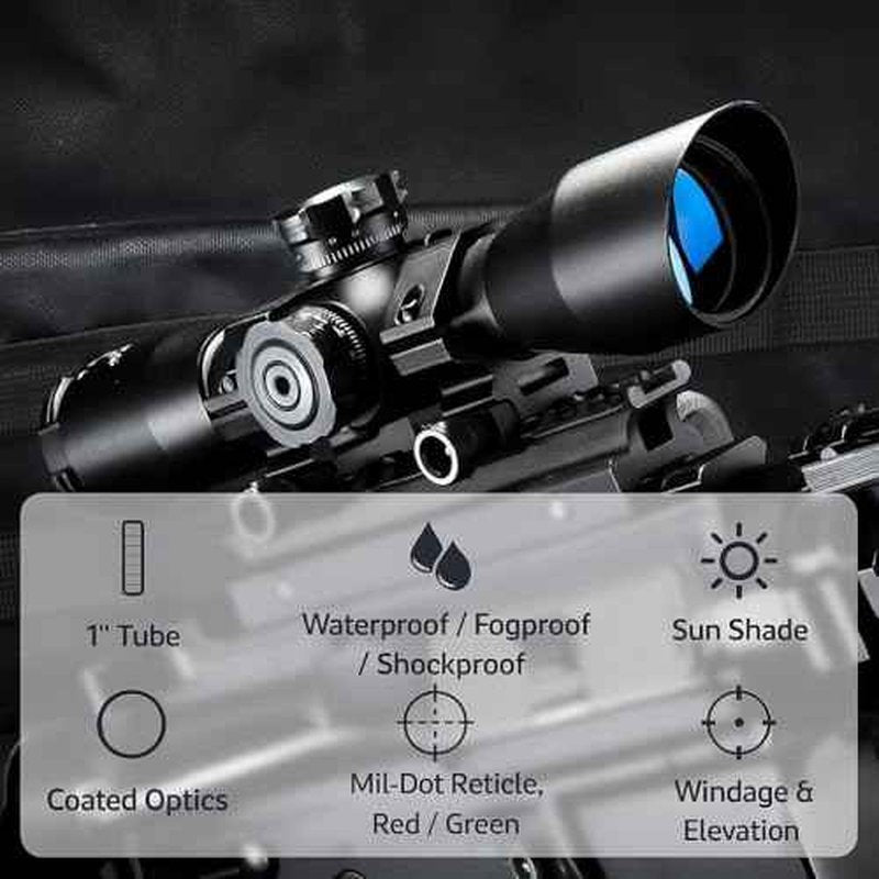 Barska Compact Rifle Scope with Red/Green Illuminated Mil-Dot Reticle ? Side Rheostat, Sunshade, Flip-Up Caps, External Turrets, Waterproof/Fogproof