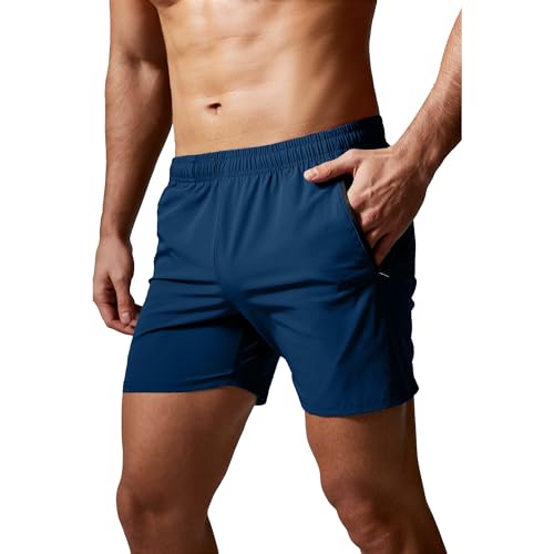 GYM REVOLUTION Men's Workout Running Gym Quick Dry Training Shorts with Zipper Pockets Navy Blue M