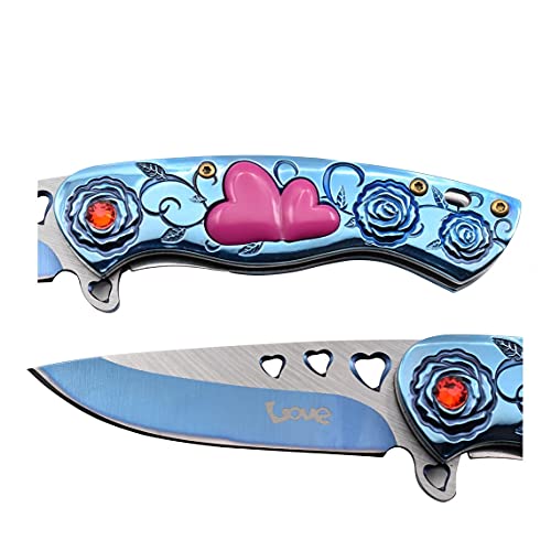 Snake Eye Tactical 7" Cupid Heart Ladies Valentines day Pocket Knife with LOVE Pocket Clip Included (Blue)