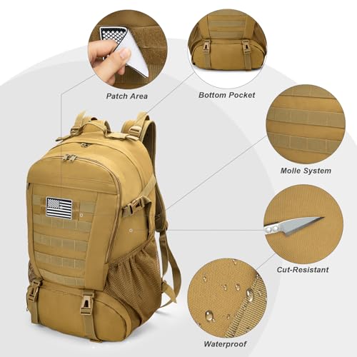 Jueachy Tactical Backpack 35L Military Bag: Waterproof Army Hiking Backpack Molle Bookbag Edc Bag Tan