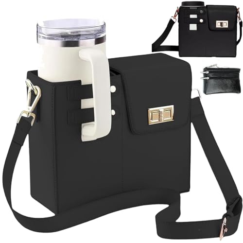 Outdoor Portable Crossbody Water Cup Storage Bag,Crossbody Cup Holder Bag,Crossbody Bag With Water Bottle Holder,for Stanley Purse Cup Holder Bag,Leather Water Bottle Bag With Adjustable Strap (Black)