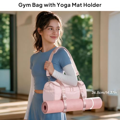 Pink Small Gym Bag with Yoga Mat Holder, Compact 16L Workout Duffle