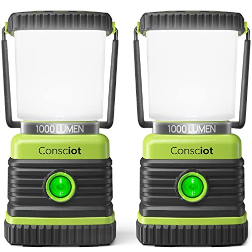 LED Camping Lantern, Consciot Battery Powered Camping Lights, 1000LM, 4 Light Modes, IPX4 Waterproof Tent Lights, Portable Flashlight for Power Outages, Emergency, Hurricane, Hiking, 2-Pack