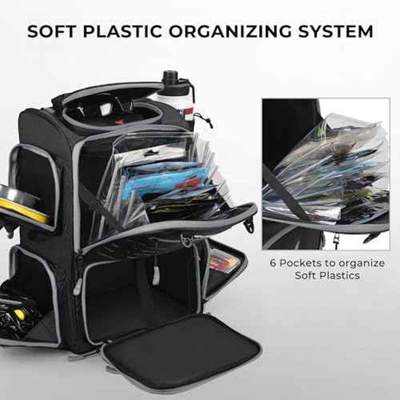 KastKing Bait Boss Fishing Tackle Backpack with Rod Holders-4 Tackle Boxes-Rain Cover,45/43L Large Storage for Fishing Gear