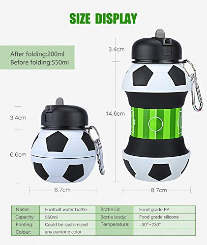 Louis Donné 12.4 x 10.3 x 9.7 cm folding silicon Soccer Water Bottle 100 percent food grade Collapsible Soccer Toddler Water Bottle with Carabiner for School outdoor Birthday Gifts for Boys and Girls