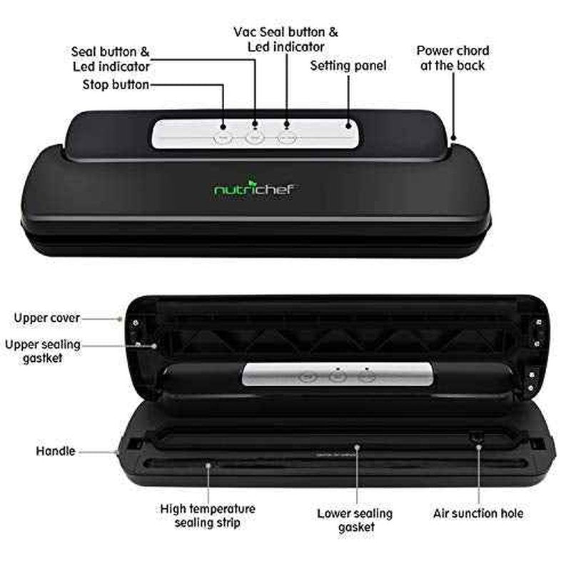 NutriChef Automatic Handheld Sealer Vacuum Machine -Storage for Dry or Moist Product Home Kitchen Heat Sealing System -Simple & Compact Fresh Saver Meal -Food Plastic Roll Bag Starter Kit -AZPKVS10BK