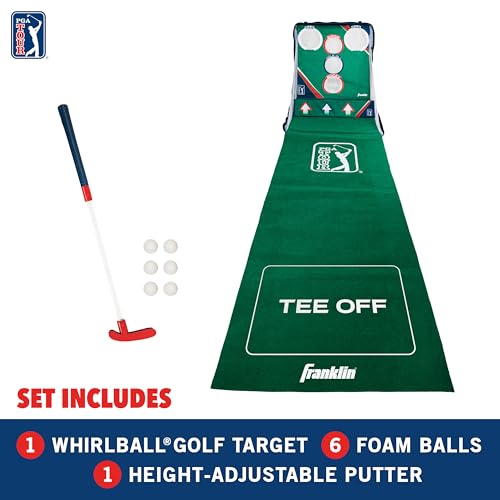 Franklin Sports PGA Whirlball Putting Green Golf Game - Golf Putter Game Set with Whirlball Target + Putting Matt - Adjustable Putter & 6 Foam Balls - Fun Indoor Set for Adults + Kids