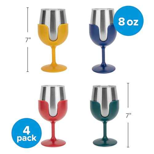 Camco Life is Better at The Campsite Stainless Steel Wine Tumbler 4-Pack - Features Heavy Duty Double Wall Vacuum Insulation & Removable Navy, Red, Green & Yellow Stems - Holds 8-oz Each (53465)