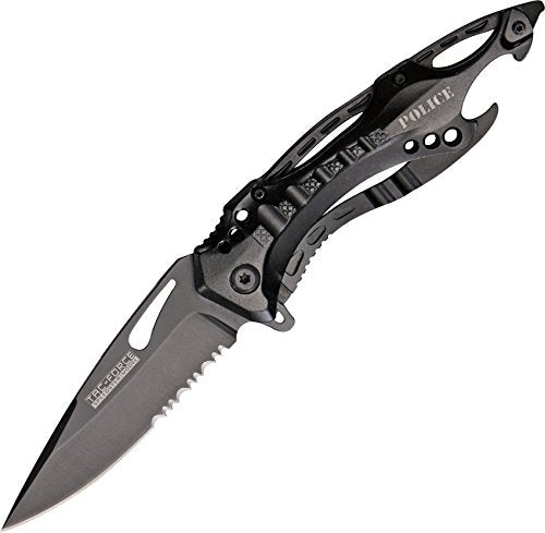 TAC Force- Spring Assisted Folding Pocket Knife – Black Stainless Steel Blade with Black Aluminum Handle, Bottle Opener, Glass Punch and Pocket Clip, Tactical, EDC, Rescue - TF-705 , 3.25 inch blade