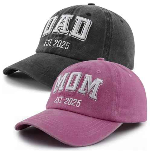SHANVANKE 2PCS Dad and Mom EST 2025 Hats for Men Women, Funny Adjustable Cotton 3D Embroidered New Parents Gifts Baseball Cap