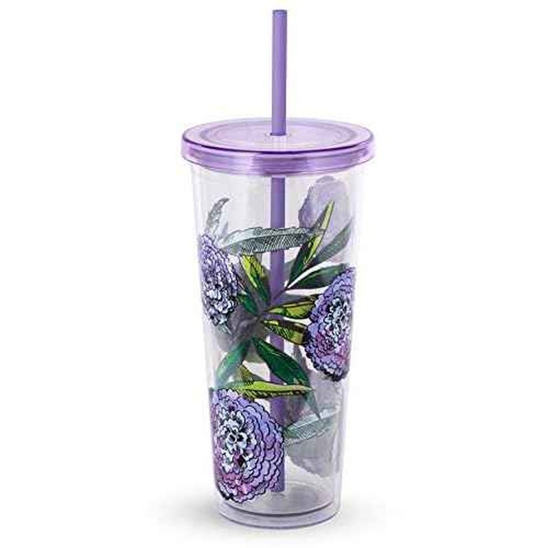 Travel Tumbler with Lid and Straw, 24 Ounce Insulated Cup, Purple Floral Plastic Double Wall Tumbler, Lavender Meadow