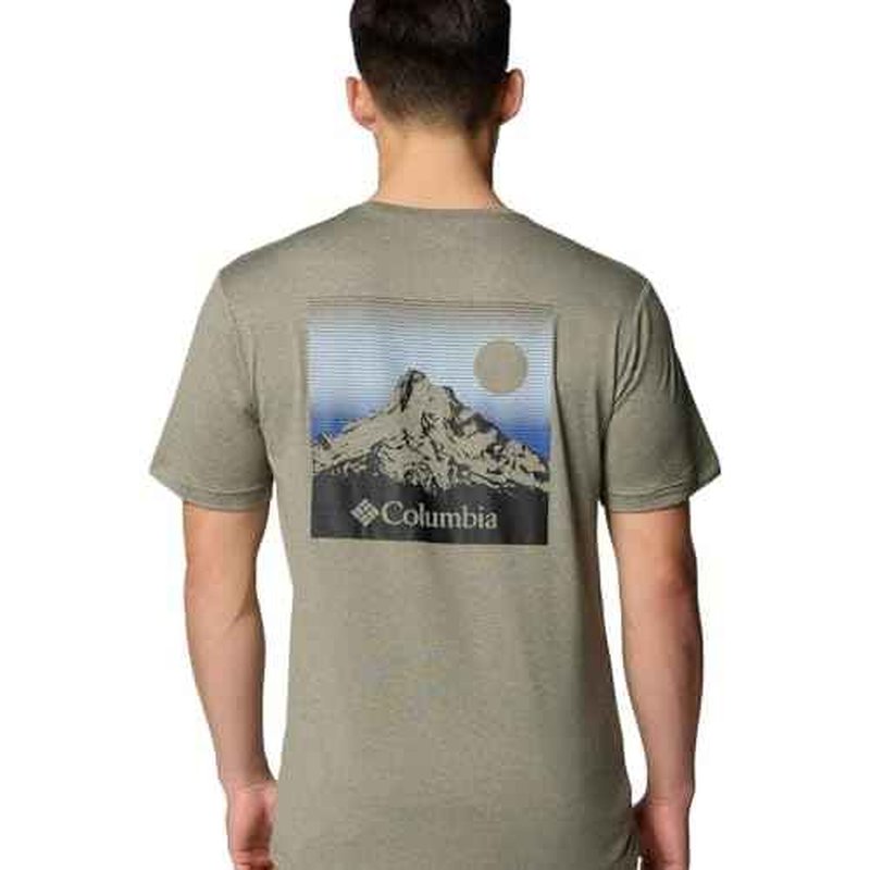 Columbia Men's Kwick Hike Back Graphic Short Sleeve Tee, Stone Green Heather/Linear View Multi, Medium