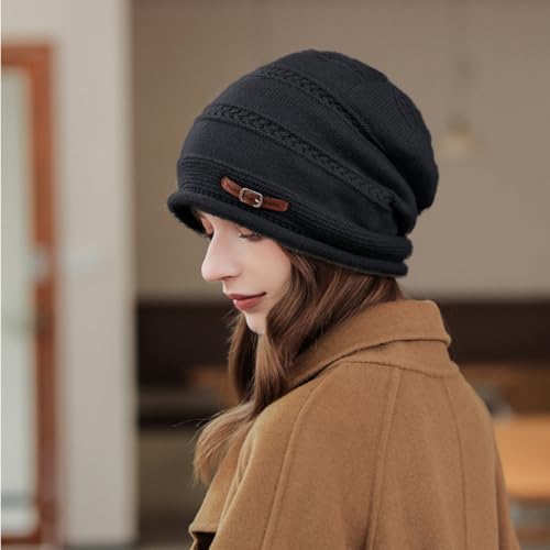 AZJ Women Fleece Slouchy Beanies Winter Oversized Knit Warm Hats Stretch Skull Cap, Black and Beige