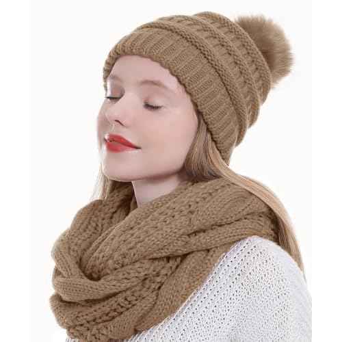Double Couple Winter Scarf and Hat Set for Women Thick Cable Knitted Circle Loop Infinity Scarfs and Warm Beanie Hat