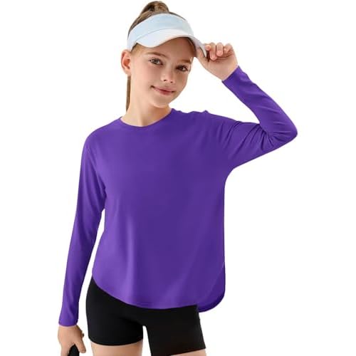 Haloumoning Girls Athletic Shirts Kids Long Sleeve Active Sports T Shirts Quick Dry Tunic Tops Basic Tees 5-14 Years