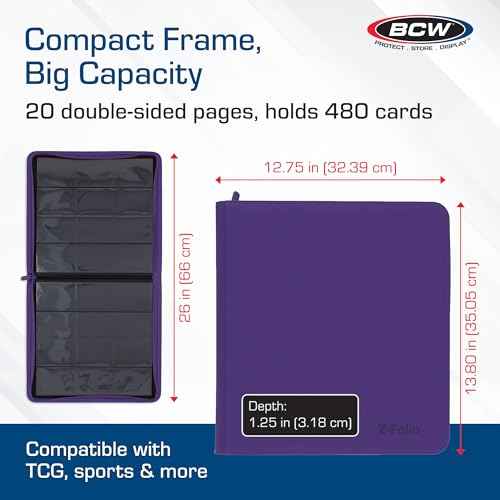 BCW Z-Folio LX Zipper Portfolio ? 12-Pocket Playset Album ? Premium Purple Leatherette ? Secure Zipper ? Holds 480 Cards ? Trading Card Storage and Organizer