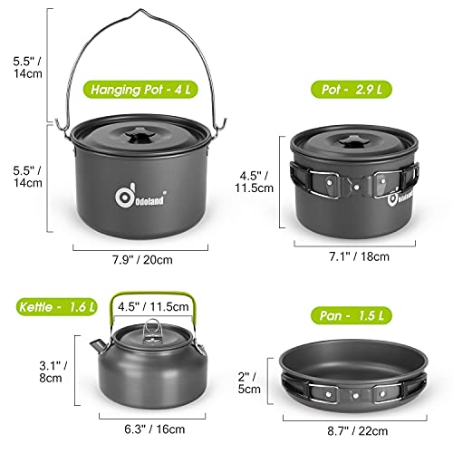 Odoland 39pcs Camping Cookware Mess Kit, Non-Stick Large Size Hanging Pot Pan Kettle with Base Dinner Cutlery Sets for 6 and More, Cups Dishes Forks Spoons Kit for Outdoor Camping Hiking Picnic