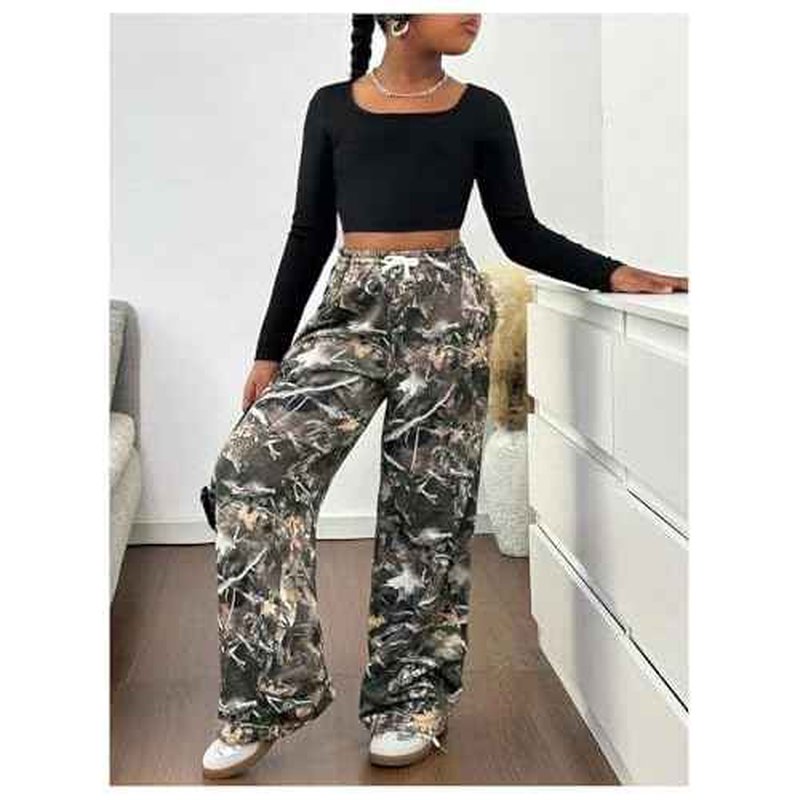 SOLY HUX Girl's Camo Wide Leg Pants Drawstring Waist Baggy Sweatpants with Pocket