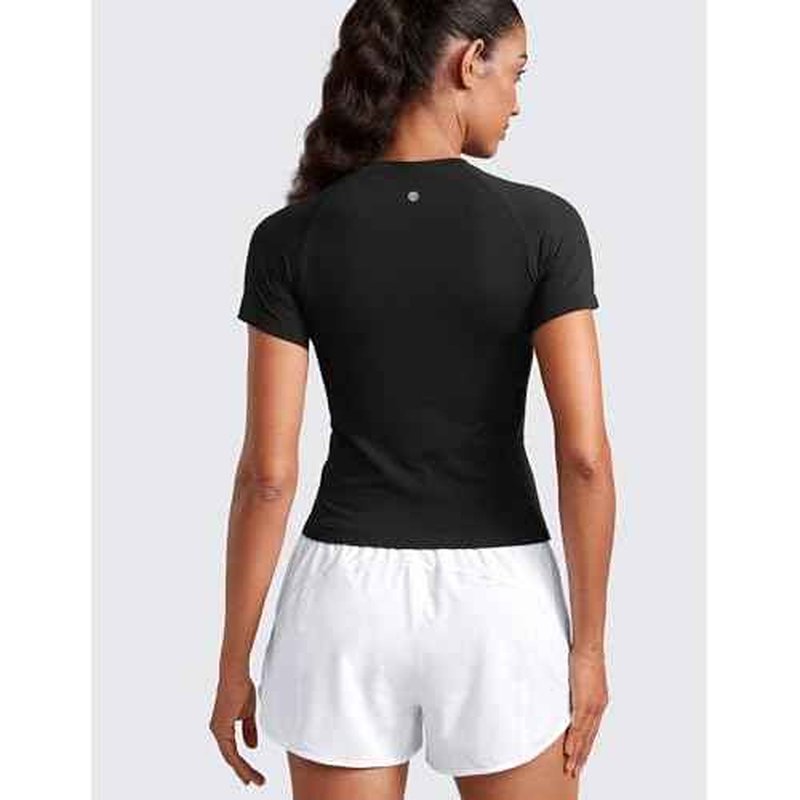 CRZ YOGA Seamless Workout Tops for Women Waist - Running Gym Athletic Yoga Short Sleeve Shirts Breathable Basic Crewneck