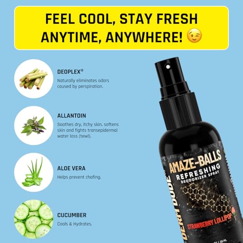Derm Dude Amaze Ball Deodorant Spray for Men | Anti-Chafing Groin & Sack Spray with DeoPlex & Aloe Vera | Odor & Sweat Control for Private Parts | Strawberry Lollipop Scent, Talc-Free, 2oz