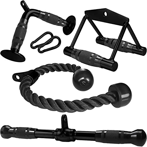 A2ZCARE Combo Rubber Grip Cable Attachments for Gym, Cable Machine Accessories, LAT Pull Down Attachment (C. Black - Combo Rubber Handgrip: V-Handle, V-Bar, Rotating Bar, Tricep Rope and 2 Snap Hook)