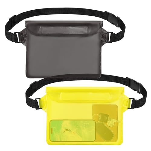 jealkip 2-Pack Waterproof Pouch with Adjustable Waist Strap, Waterproof Dry Bag, Keeps Cell Phones and Valuables Safe and Dry, Perfect for Kayaking, Beach, Camping and Swimming (Black + Yellow)