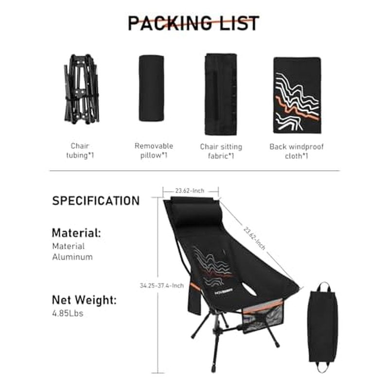 NOVSIGHT Camping Chair - High Back Lightweight Portable Camp Chairs with Headrest Breathable Backrest, Outdoor Folding Camping Chairs for Adults